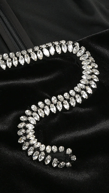 RHINESTONE EMBELLISHED FLOOR-LENGTH DRESS IN BLACK