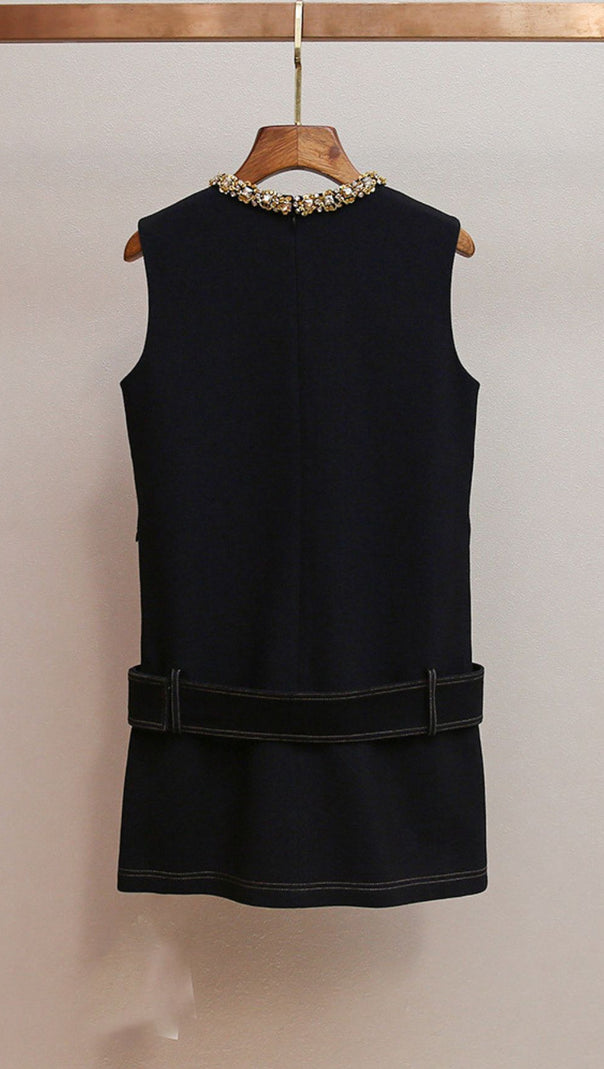 AIIZIE HATSU DARK BLUE EMBELLISHED MINI DRESS WITH DIAMANTE COLLAR & BELT - product image
