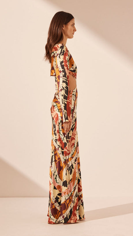 CATHERINE PRINTED CUT-OUT MAXI DRESS IN ORANGE