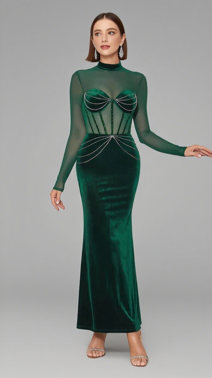 MESH - SLEEVE VELVET BEADED MAXI DRESS IN DARK GREEN