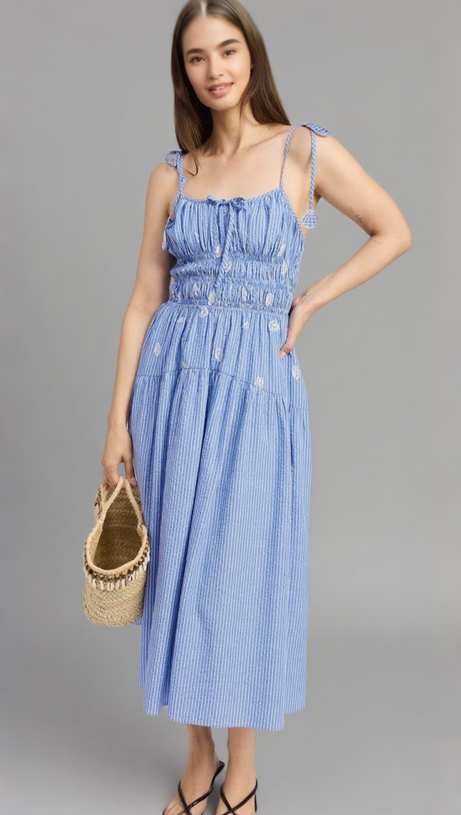SIMONA EMBROIDERED STRIPES MIDI DRESS IN BLUE