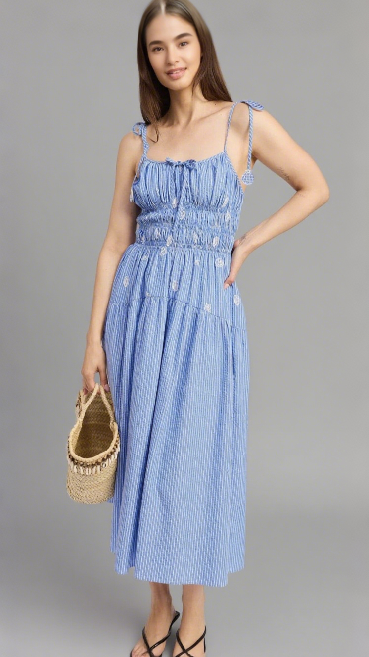 SIMONA EMBROIDERED STRIPES MIDI DRESS IN BLUE