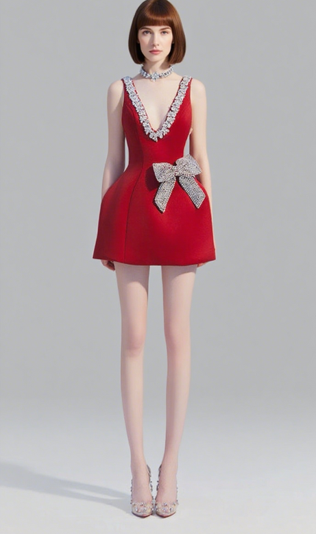 Esme Plunge Bownot Mini Dress In Red
