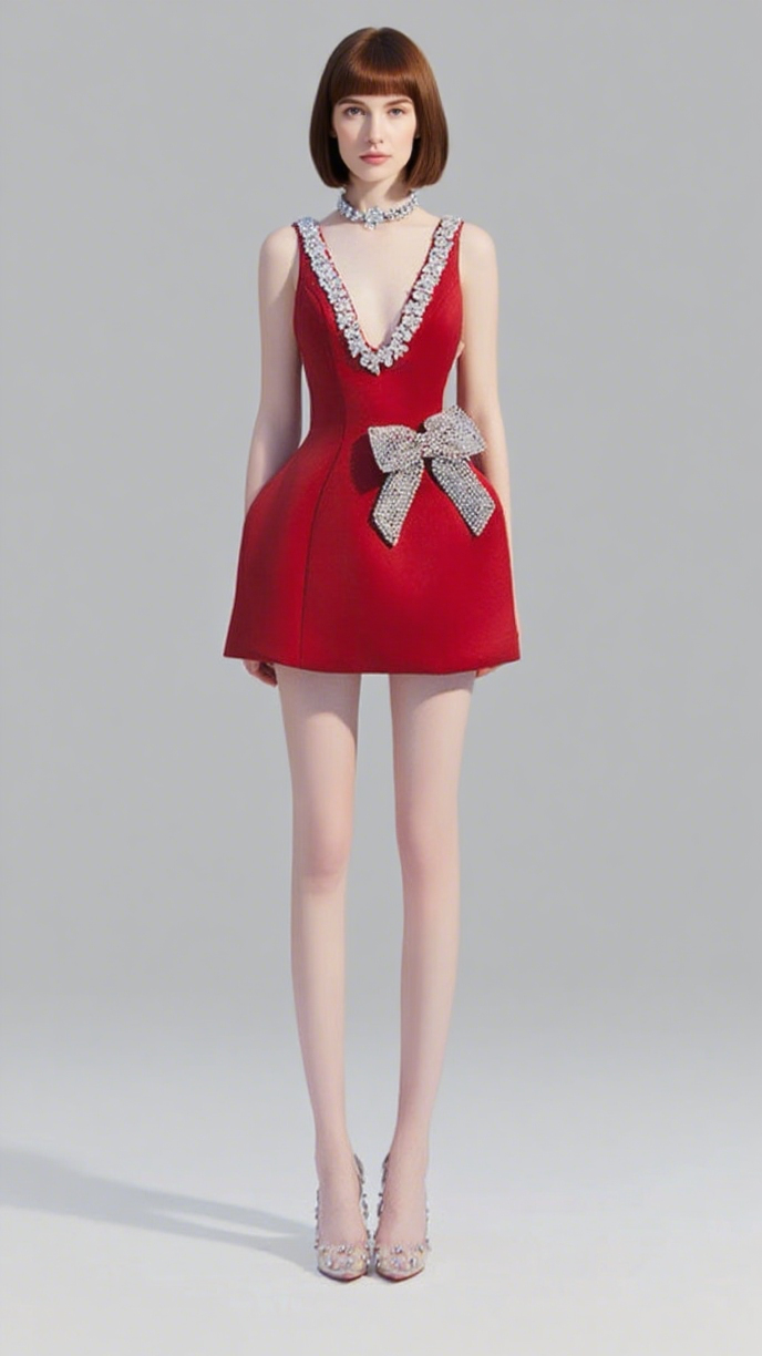 ESME PLUNGE BOWNOT MINI DRESS IN RED
