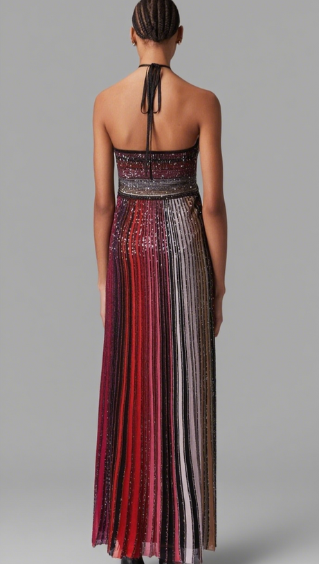 HALTER METALLIC GRADIENT KNIT MAXI DRESS - RED