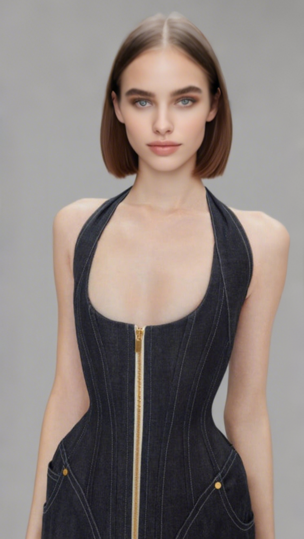 AIIZIE HALTERED CORSETED MIDI DRESS DENIM IN NAVY BLUE - product image