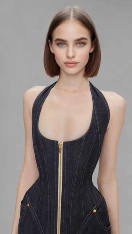 ABITO MIDI CON CORSETTO E HALT IN DENIM BLU NAVY