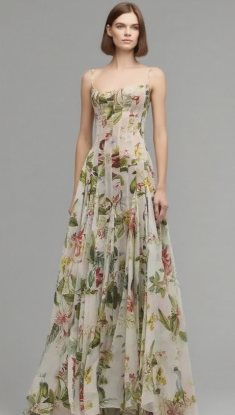 MULTICOLOR FLORAL PRINT FAUNA GAZAR GOWN