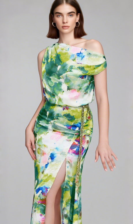 Colorful Watercolor One - Shoulder Chain - Belted Midi Dress in Green