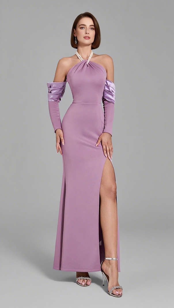 AIIZIE HALTER NECK SPLIT - SLEEVE SLIT MERMAID MAXI DRESS IN LILAC - product image