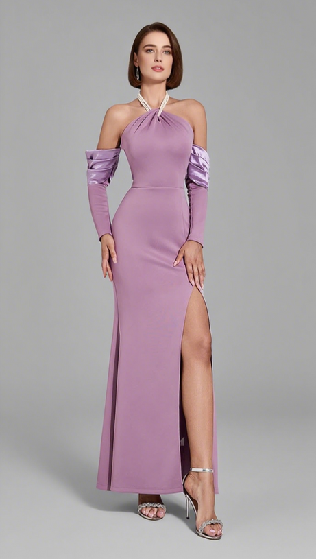HALTER NECK SPLIT - SLEEVE SLIT MERMAID MAXI DRESS IN LILAC