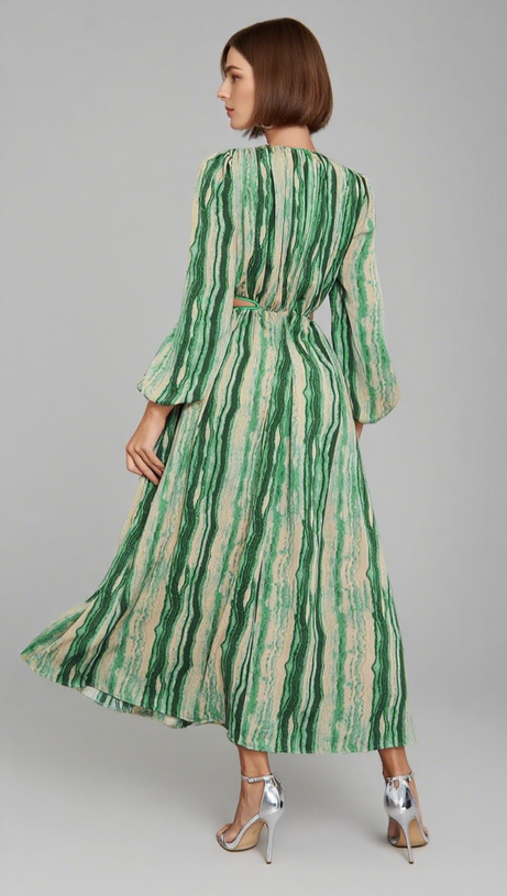STRIPED CUTOUT V - NECK PUFF - SLEEVE MAXI DRESS IN GREEN