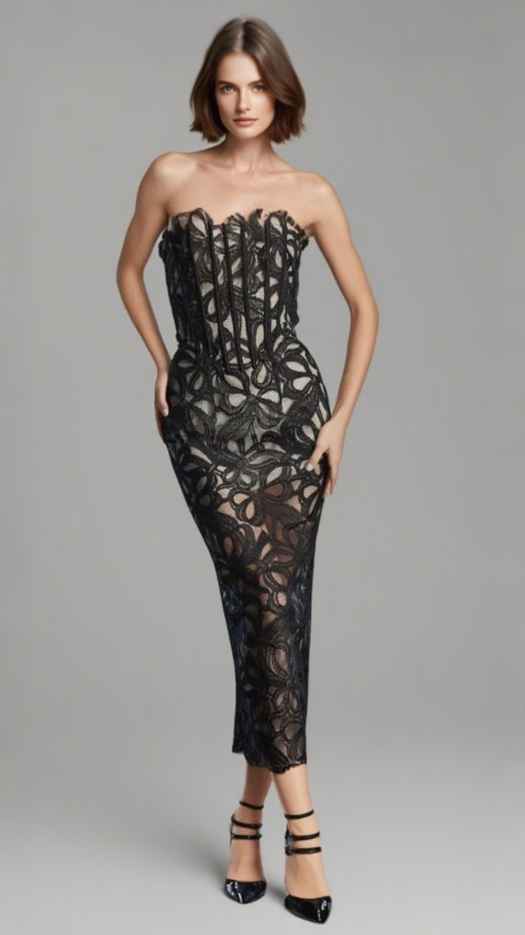 LETITIA STRAPLESS FLOWER EMBROIDERED MIDI DRESS