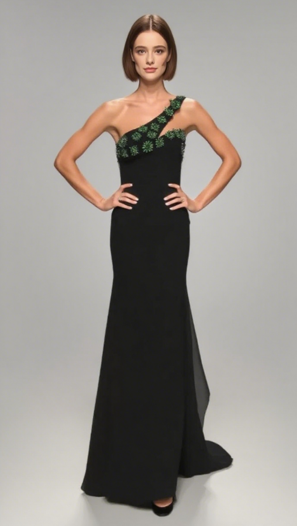 AIIZIE ONE - SHOULDER GREEN - CRYSTAL - EMBELLISHED MERMAID GOWN IN BLACK - product image