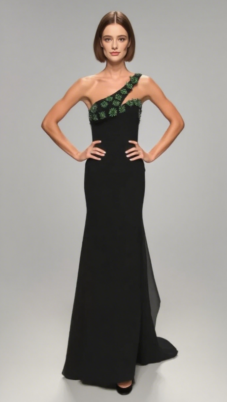 ONE - SHOULDER GREEN - CRYSTAL - EMBELLISHED MERMAID GOWN IN BLACK