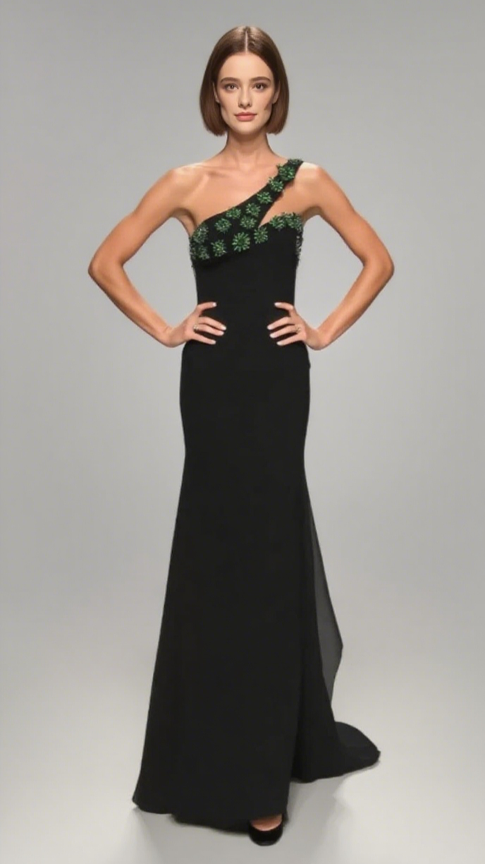 ONE - SHOULDER GREEN - CRYSTAL - EMBELLISHED MERMAID GOWN IN BLACK