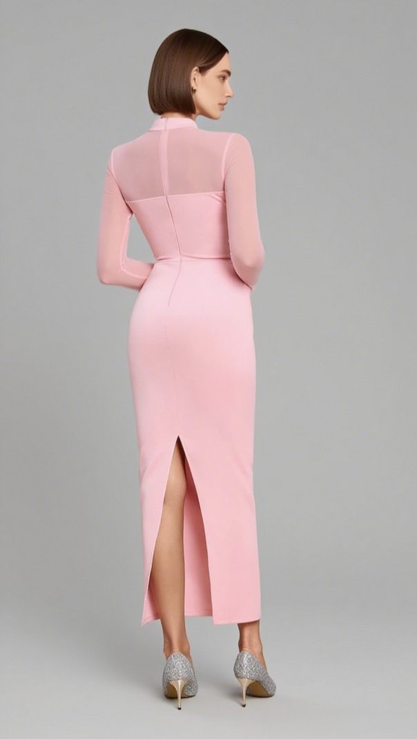 AIIZIE MOCK NECK MESH - SLEEVE BOW - DETAIL MIDI DRESS IN PINK - product image