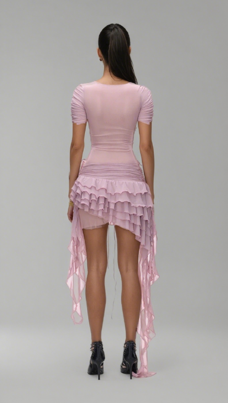 WALDEK LACE UP PLUNGE ASYMMETRIC RUFFLE MINI DRESS