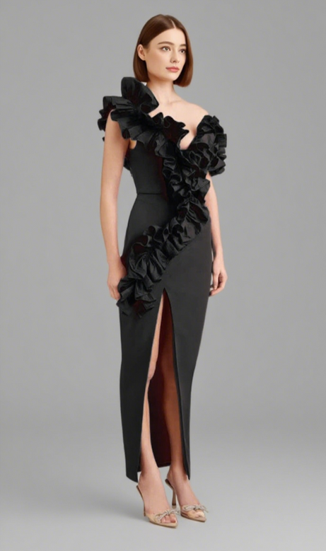 One - Shoulder Ruffle - Trimmed Slit Midi Dress in Black