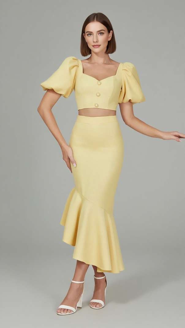 AIIZIE PUFF - SLEEVE BUTTONED CROP TOP AND MERMAID SKIRT SET IN YELLOW - product image
