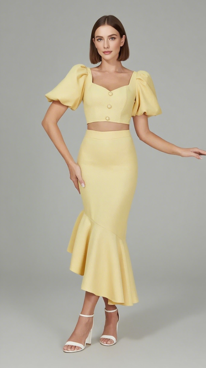Set aus geknöpftem Crop-Top mit Puffärmeln und Meerjungfrauenrock in Gelb