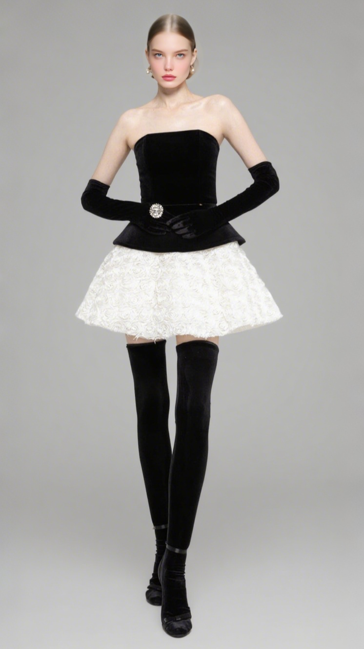 PETAL-LAYERED VELVET TOP MINI SKIRT SUIT WITHOUT GLOVE - BLACK/WHITE