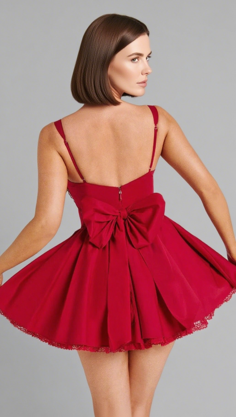 LACE RUFFLE TRIM CORSET MINI DRESS IN RED