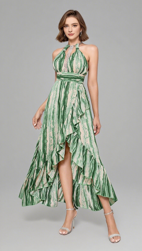 STRIPED HALTER NECK RUFFLE - HEM MAXI DRESS IN GREEN
