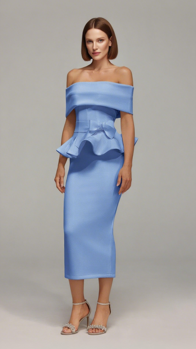 ELEANORE OFF THE SHOULDER  RUFFLED EDGE BLUE MIDI DRESS