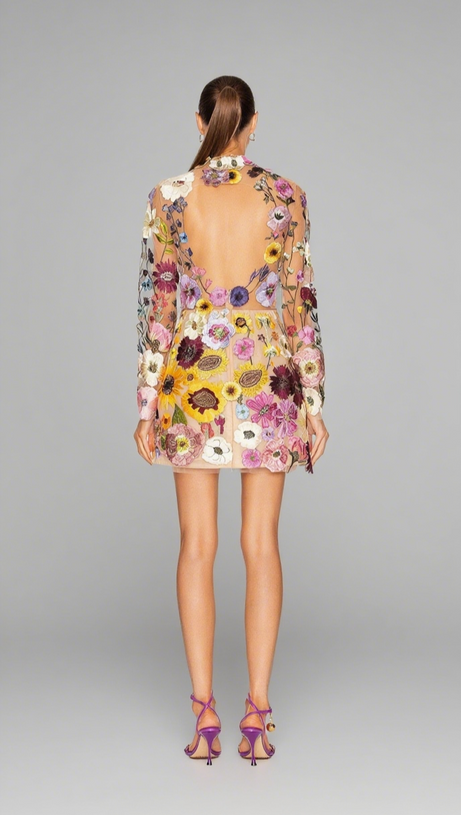 EMBROIDERED FLOWER LONG SLEEVE MINI DRESS