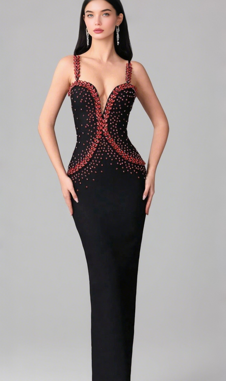 Black Spaghetti Strap Red Rhinestone Mermaid Midi Dress