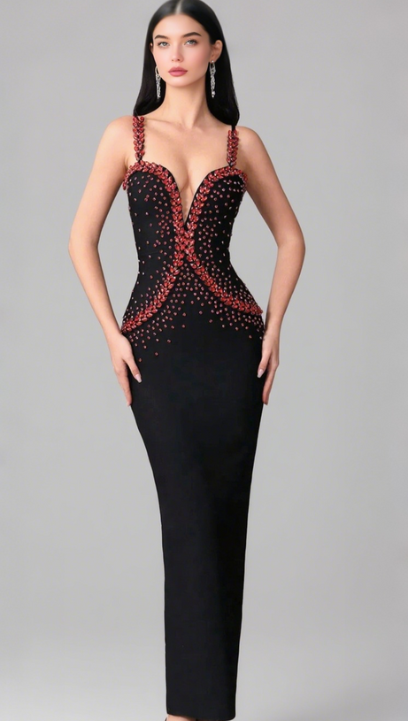 BLACK SPAGHETTI STRAP RED RHINESTONE MERMAID MIDI DRESS