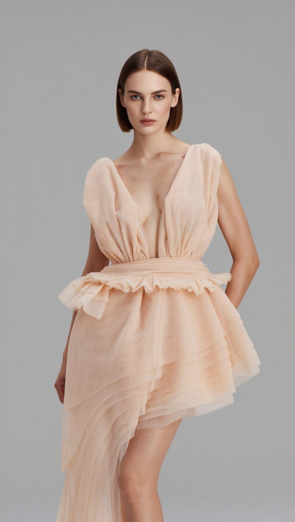 AIIZIE BOSMAT RUCH MESH ASYMMETRIC MINI DRESS IN APRICOT - product image