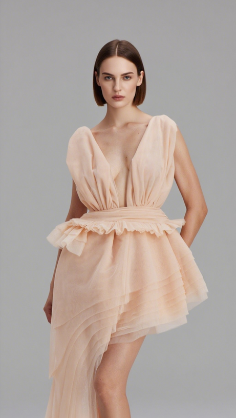 BOSMAT RUCH MESH ASYMMETRIC MINI DRESS IN APRICOT