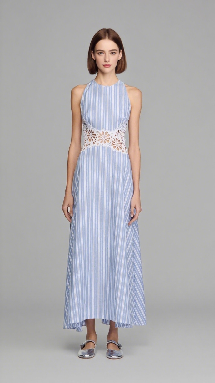 Maxikleid mit hohlem Spitzenbesatz in Blau