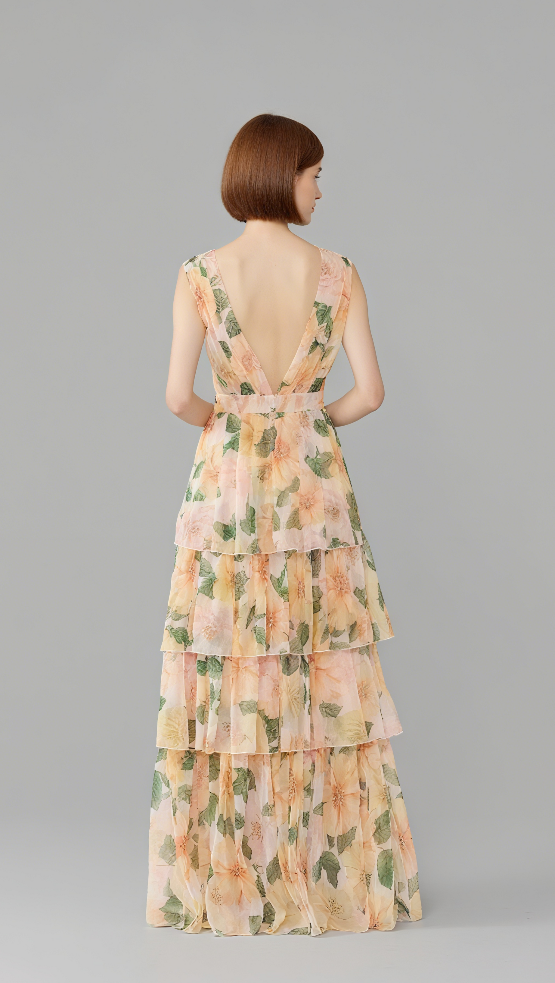 FLORAL - PRINTED V - NECK TIERED MAXI DRESS