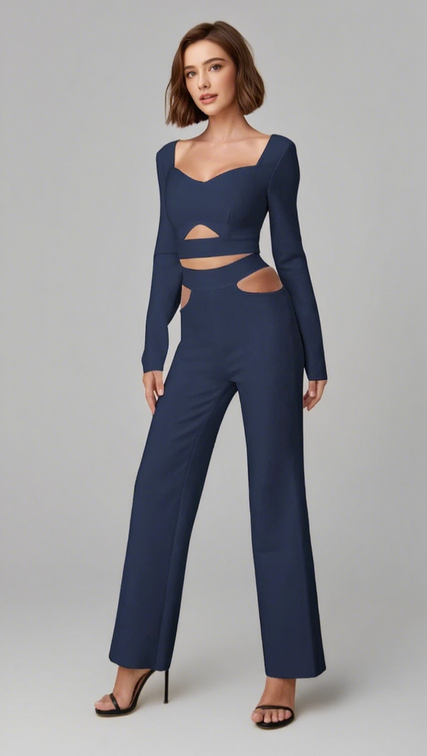 AIIZIE CUTOUT LONG - SLEEVE CROP TOP AND PANTS SET IN NAVY BLUE - product image