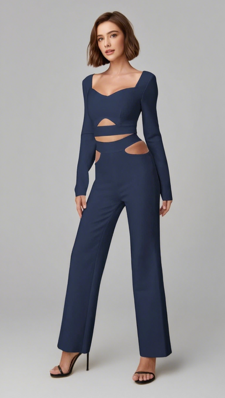 Set aus langärmligem Crop-Top und Hose mit Cut-Outs in Marineblau