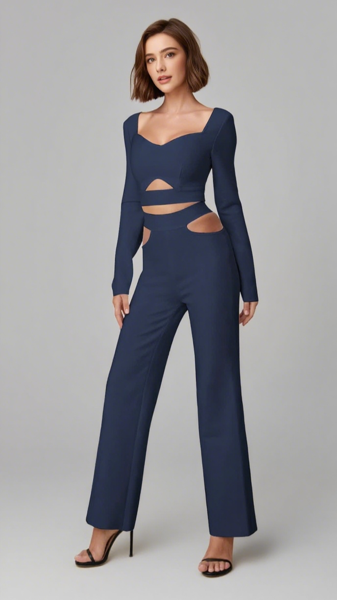 Set aus langärmligem Crop-Top und Hose mit Cut-Outs in Marineblau