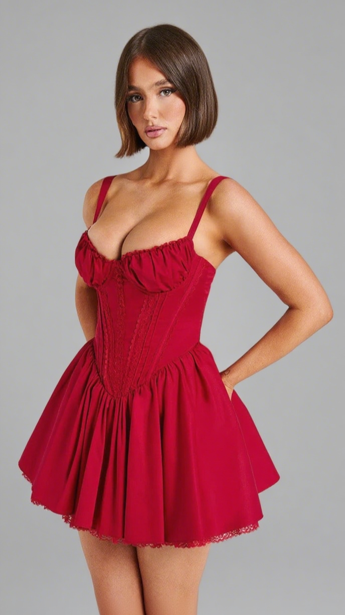 LACE RUFFLE TRIM CORSET MINI DRESS IN RED