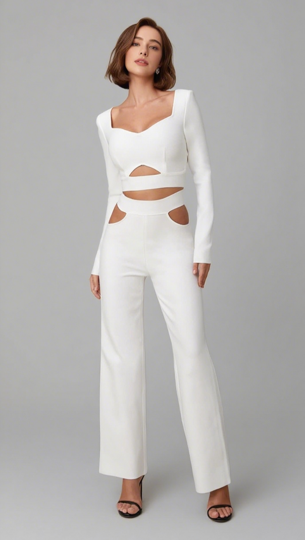 AIIZIE CUTOUT LONG - SLEEVE CROP TOP AND PANTS SET IN WHITE - product image
