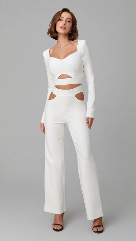 Set aus langärmligem Crop-Top und Hose mit Cut-Outs in Weiß
