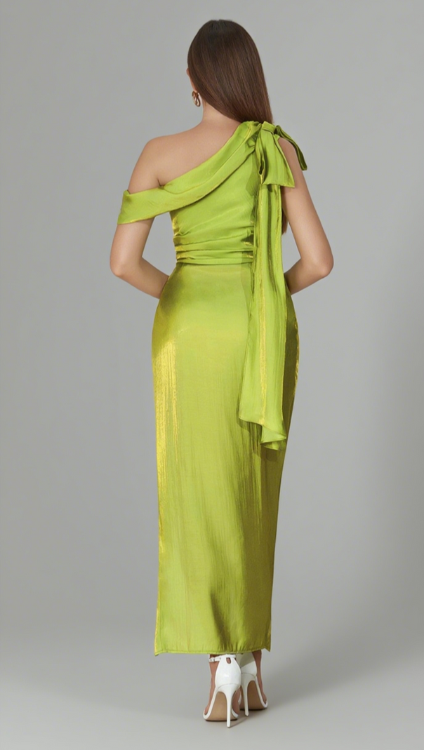 AIIZIE ONE - SHOULDER BOW - DETAIL RUCHED MIDI DRESS IN GREEN - product image