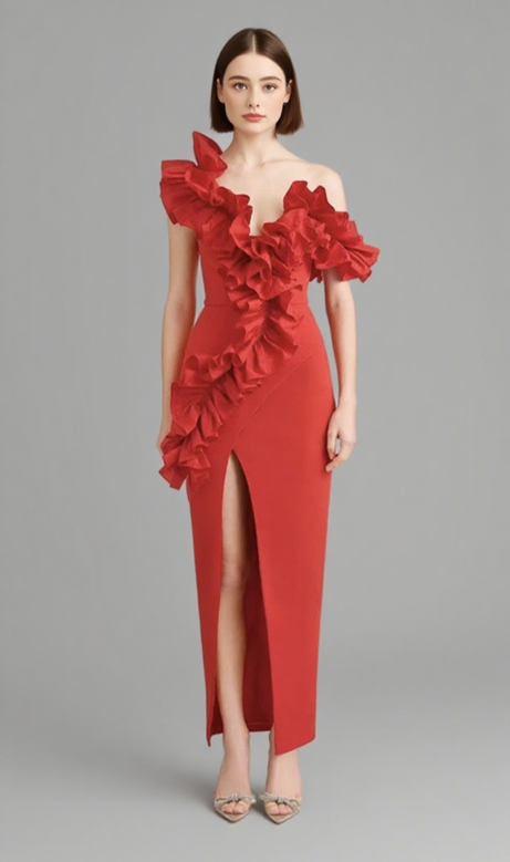 One - Shoulder Ruffle - Trimmed Slit Midi Dress in Red