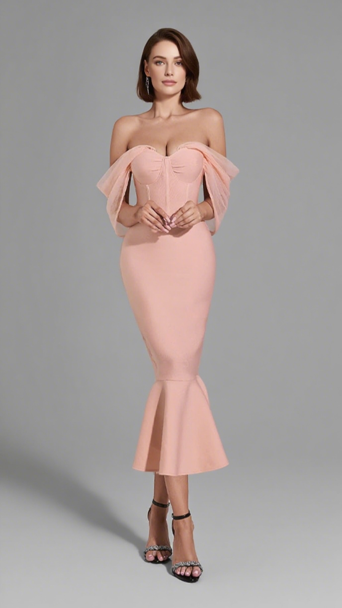OFF - SHOULDER ORGANZA - SLEEVE MERMAID MIDI DRESS IN PINK