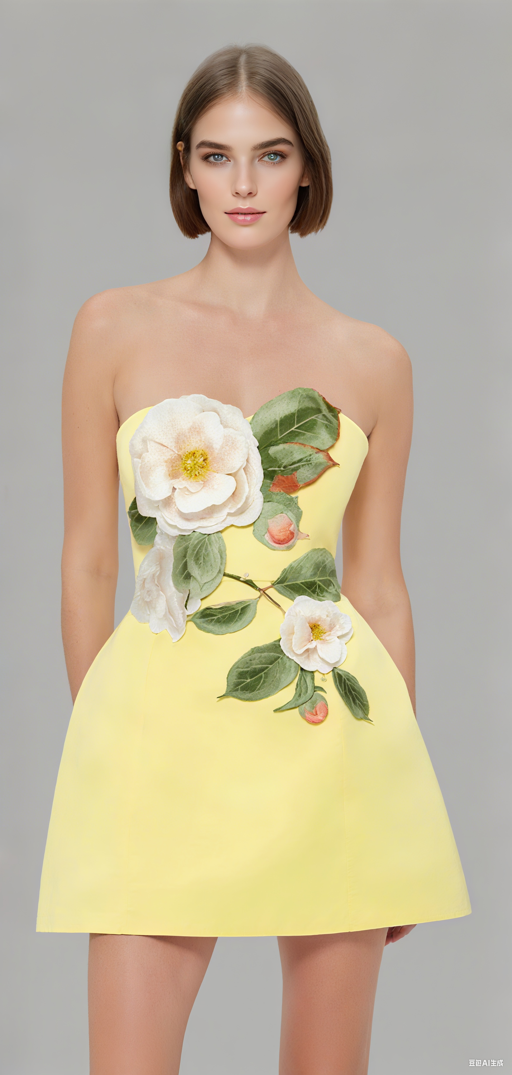 Suzanne – Bustier-Minikleid mit Blumenapplikation in Gelb