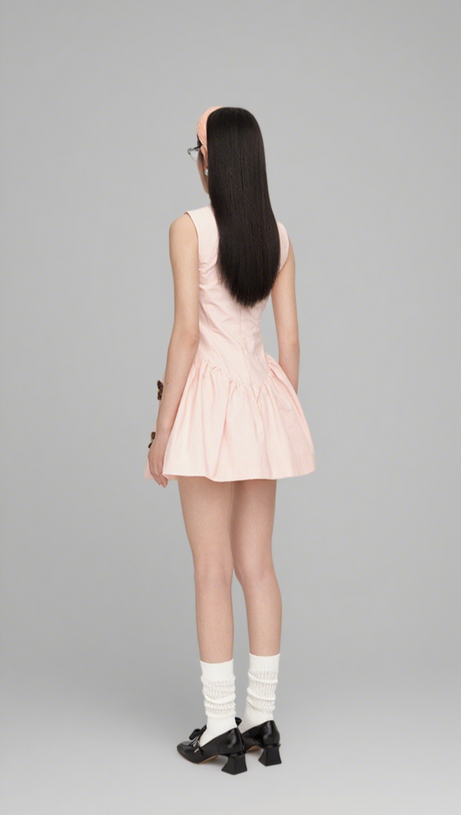 VIVIEN FLOWER EMBELLISHED PUFFY MINI DRESS IN PINK