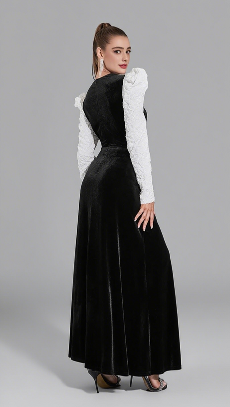 VELVET PUFF - SLEEVE MAXI DRESS IN BLACK AND WHITE