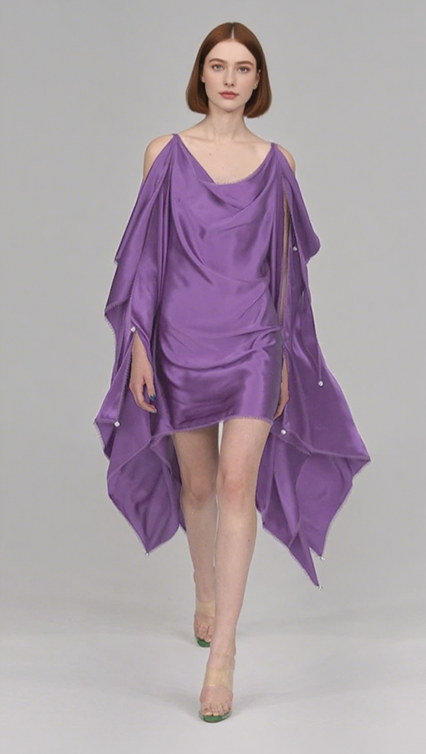 AIIZIE SATIN COWL - NECK CAPE - SLEEVE MINI DRESS IN PURPLE - product image
