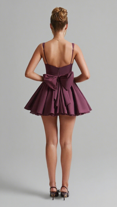 LACE RUFFLE TRIM CORSET MINI DRESS IN PURPLE